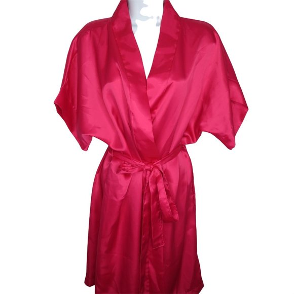 Vintage 80s Night Magic Hot Pink Kimono Robe Medium Knee Length Belted USA Made - Picture 1 of 10